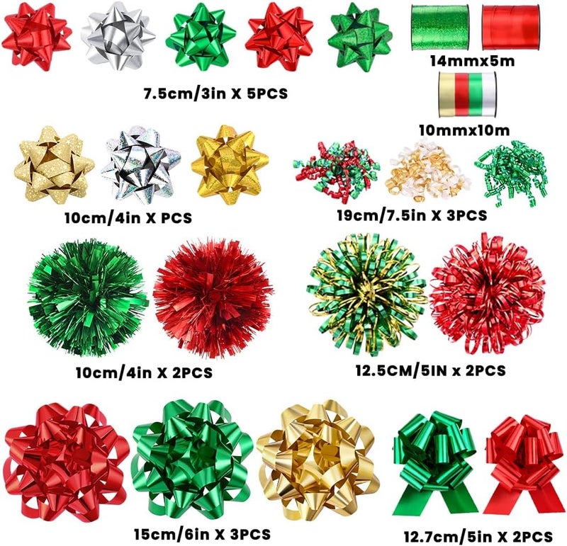 YUJUN 23PCS Christmas Gift Bows Decoration Set Xmas Pull Paper Present Bows Assortment with Christmas Gift Ribbons Wrapping Bows for Christmas New Year Wedding Decoration(Red Green) - Image 2